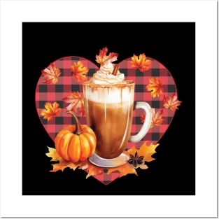 I Love My Pumpkin Spice Chai Latte, No Text, Plaid Heart, Falling Leaves , Watercolor art Posters and Art